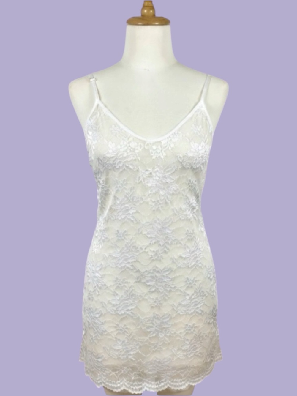 1980s Lady Cameo White Sheer Lace Mini Slip Dress